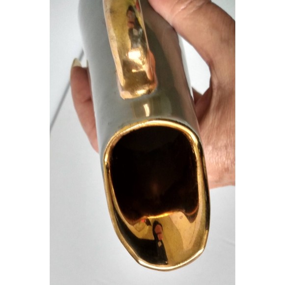 Vintage Gray Pitcher 24k Plated Trim Slim 8" x 2" Grey Kitchen Home Decor Vase - Picture 6 of 6